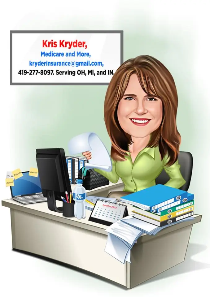Illustration of Kris Kryder at her desk, from her business materials